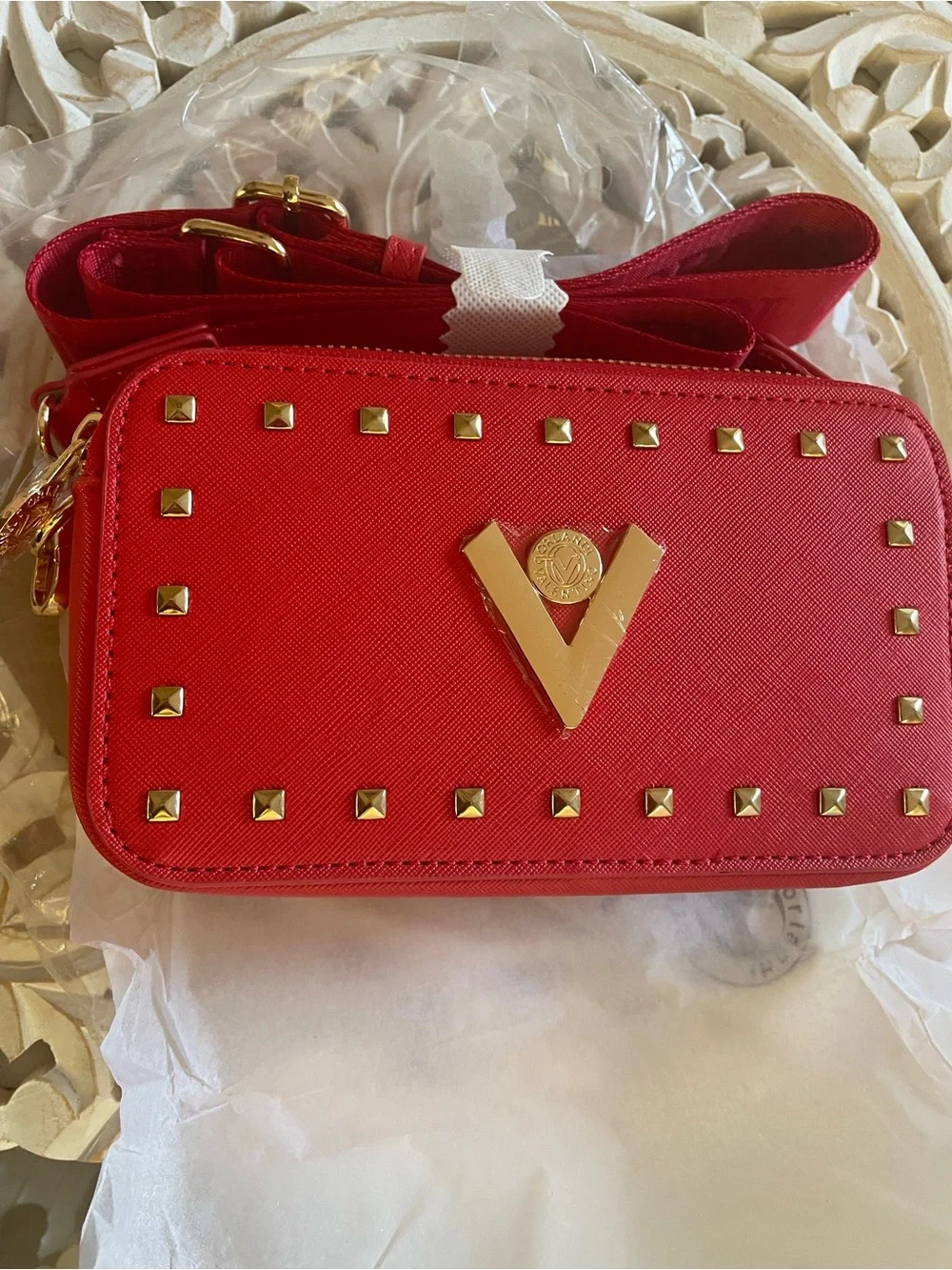 NEW Valentino Orlandi Red Studded Pouch Bag- Gold Zippers Italy Designer